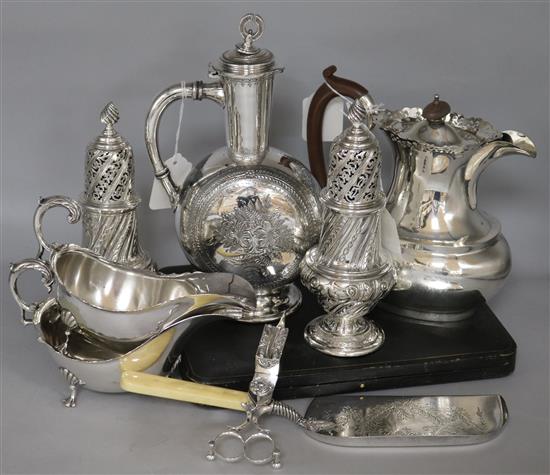 A small silver, inc a pair of peppers, card case, wishbone tongs, cheroot case and a quantity of plated items, flatware etc